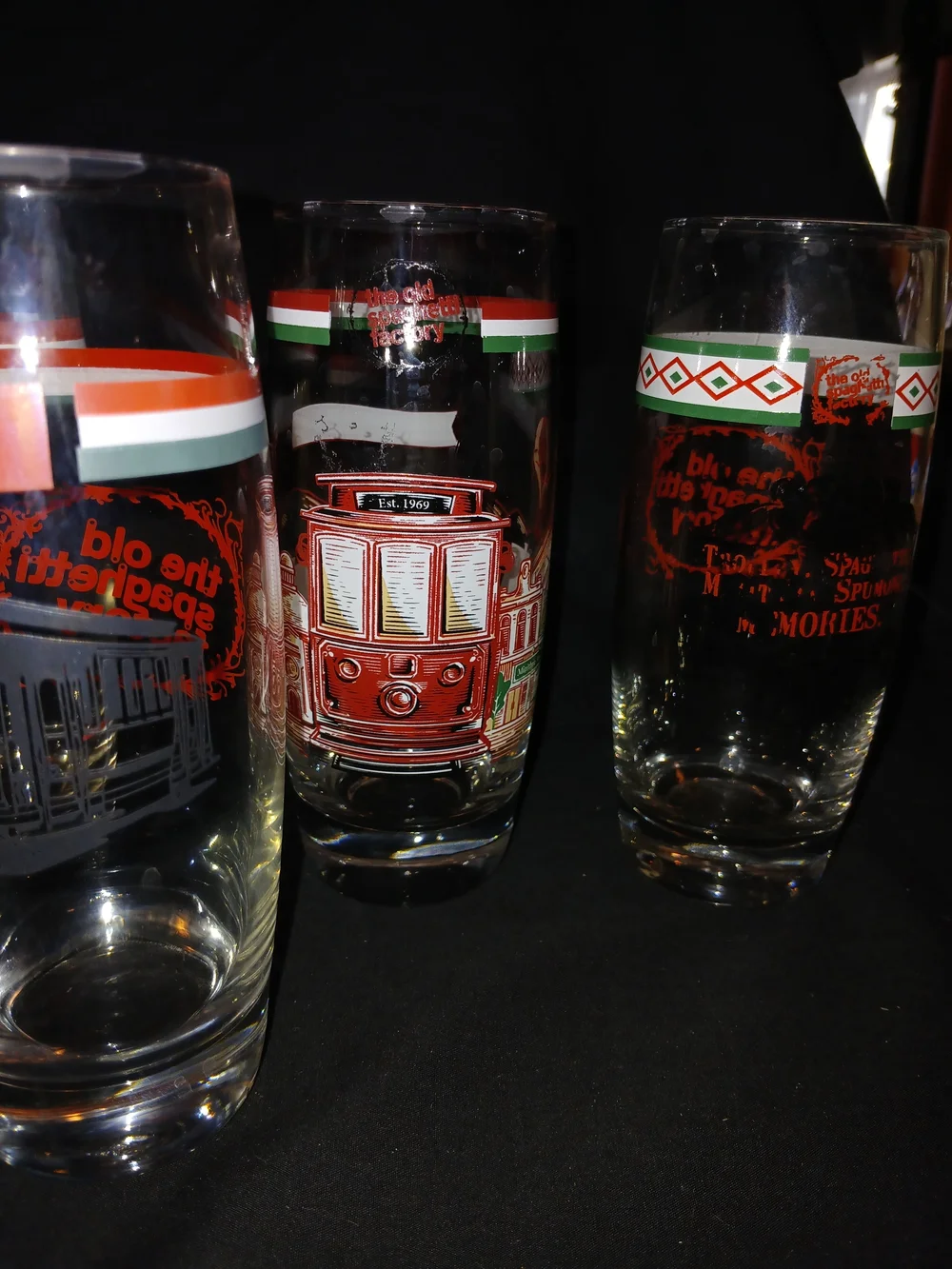 Vintage Tram-Print Tall Drinking Glasses in Red and Teal - Pair